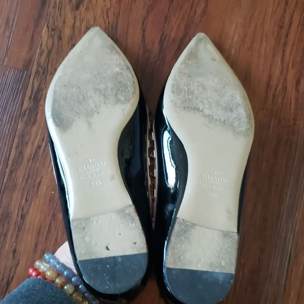 Valentino Black Patent Leather Ballet Flats Pink Trim Gold Studs Size 39.5